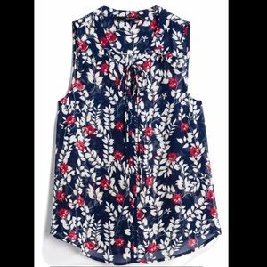 FUN2FUN Navy Blue Floral Ulrica Tie Neck Blouse